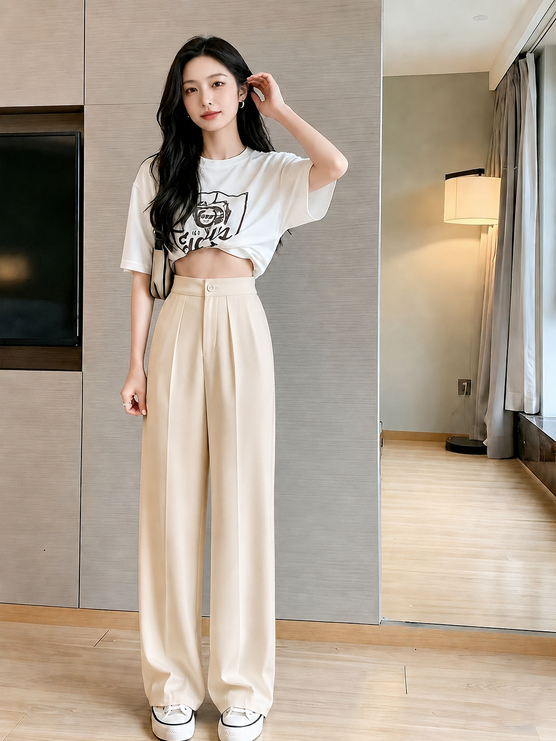 ChickBlush- Everyday Wide Leg Trouser - BEIGE