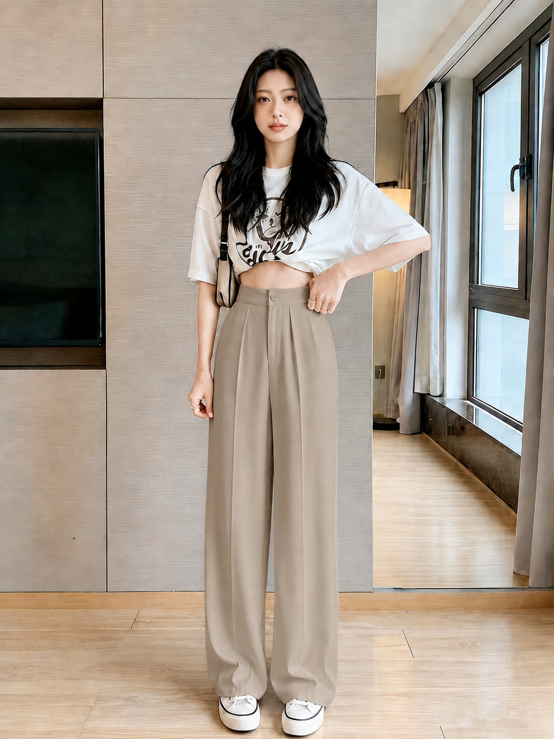 ChickBlush- Everyday Wide Leg Trouser - KHAKI